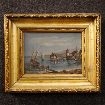 French painting oil on panel depicting lake landscape