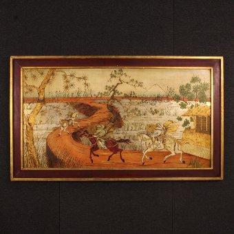 Orientalist painting landscape with characters and horses
