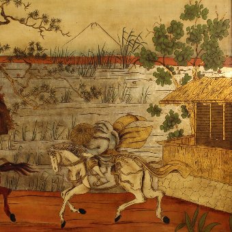 Antique Orientalist painting landscape with characters and horses