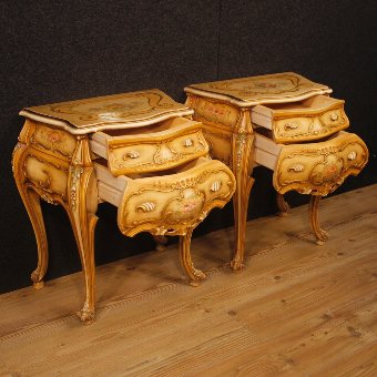 Antique Pair of Venetian lacquered and painted bedside tables