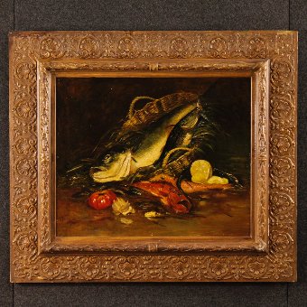 Antique French still life painting Basket with fish of the 19th century