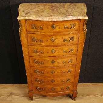 Antique French inlaid tallboy with marble top