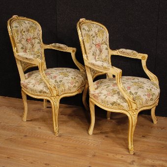 Antique Pair of lacquered and golden Italian armchairs
