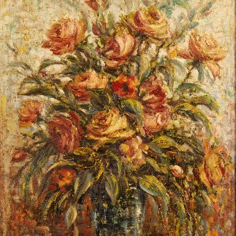 Antique Italian still life painting oil on canvas Vase with flowers