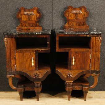 Antique Pair of Italian bedside tables in walnut with marble top