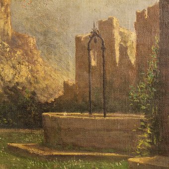 Antique Antique Italian painting landscape with ruins of the 19th century