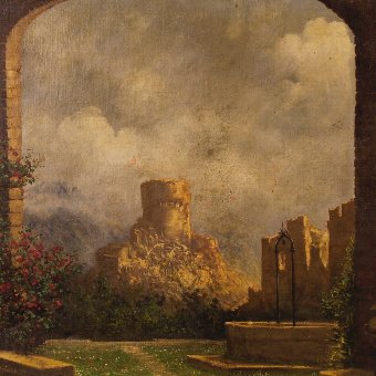 Antique Antique Italian painting landscape with ruins of the 19th century