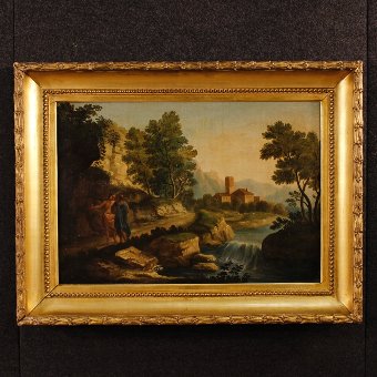 Antique Italian painting landscape with characters of 18th century