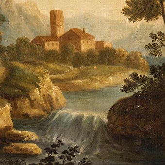 Antique Antique Italian painting landscape with characters of 18th century
