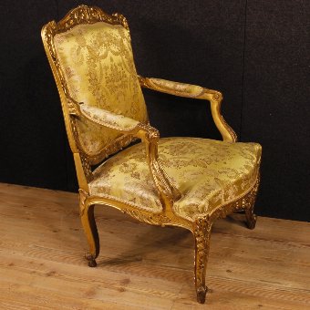 Antique Pair of French golden armchairs in Louis XV style from 19th century