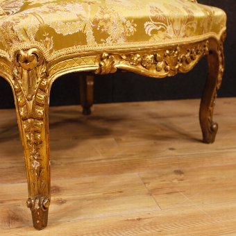 Antique Pair of French golden armchairs in Louis XV style from 19th century