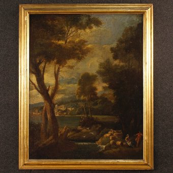Antique Italian landscape painting oil on canvas from the 19th century