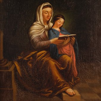 Antique Antique French painting Saint Anne with Mary of the 19th century