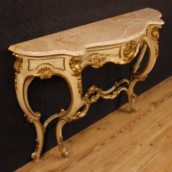 Antique French lacquered and golden console table with marble top