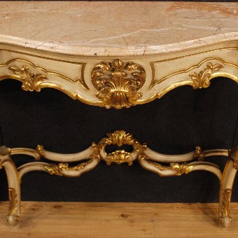 Antique French lacquered and golden console table with marble top