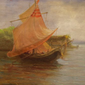 Antique French painting oil on panel Seascape with boats