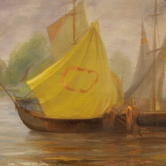Antique French painting oil on panel Seascape with boats