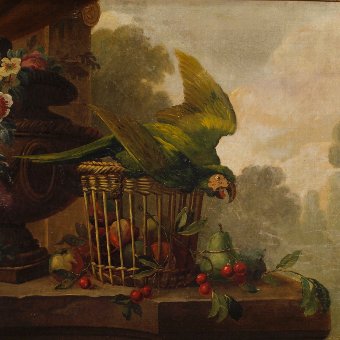 Antique Antique French painting still life with parrot of the 19th century