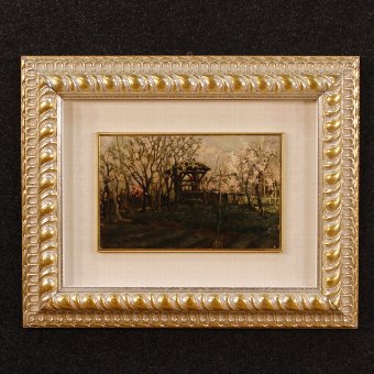 Italian signed landscape painting with silvered frame