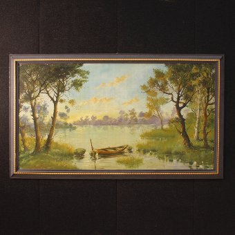 French painting river landscape with boat