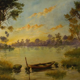Antique French painting river landscape with boat