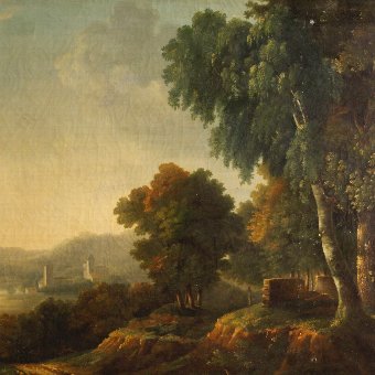 Antique Antique French painting landscape with architecture from 19th-century