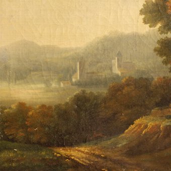 Antique Antique French painting landscape with architecture from 19th-century