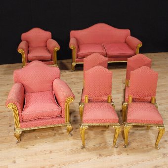Antique Group of 4 golden Spanish chairs in damask fabric
