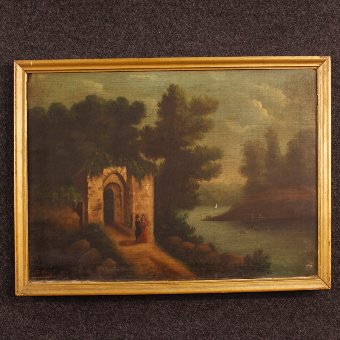 Antique Spanish painting landscape with ruins of the 19th century