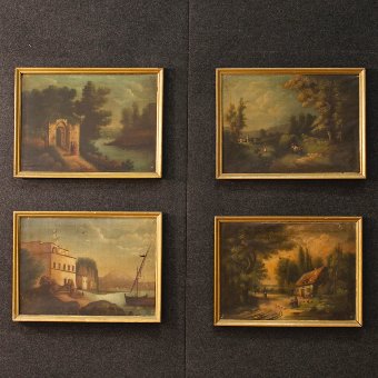Antique Antique Spanish painting landscape with ruins of the 19th century