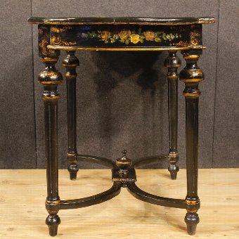Antique French lacquered and painted side table with floral decorations