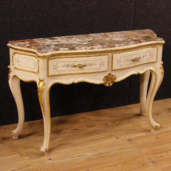 Italian lacquered and golden console table with marble top
