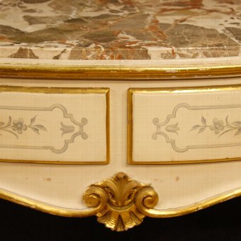 Antique Italian lacquered and golden console table with marble top