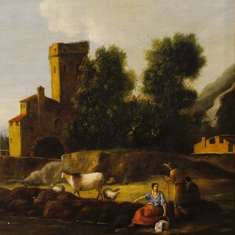 Antique Italian painting landscape with architectures and characters