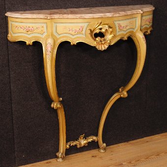 Italian lacquered, golden and painted console table with marble top