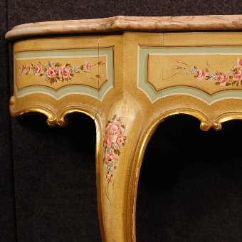 Antique Italian lacquered, golden and painted console table with marble top