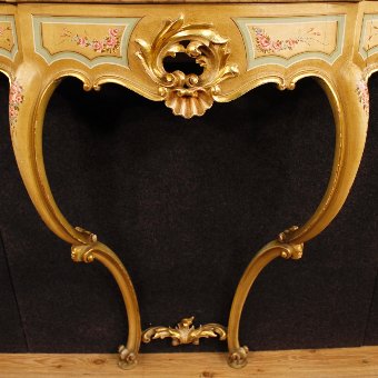 Antique Italian lacquered, golden and painted console table with marble top