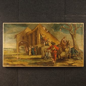 Antique Italian painting landscape with characters of the 18th century