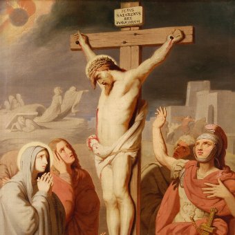 Antique Antique French religious painting Crucifixion of the 19th century