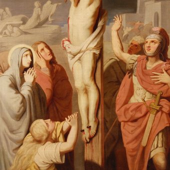 Antique Antique French religious painting Crucifixion of the 19th century