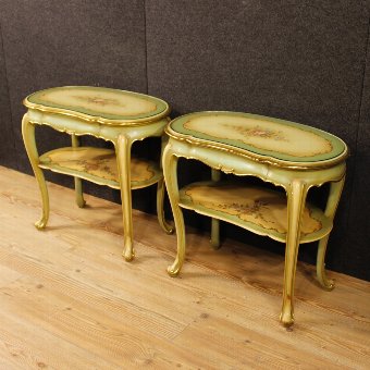 Antique Pair of lacquered, golden and painted Italian bedside tables