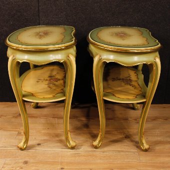 Antique Pair of lacquered, golden and painted Italian bedside tables
