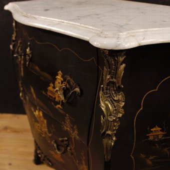 Antique French lacquered and painted chinoiserie dresser with marble top