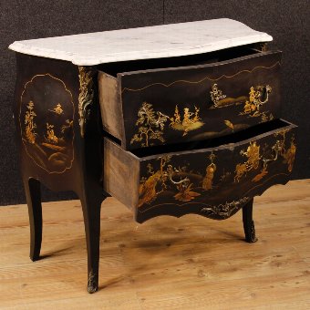 Antique French lacquered and painted chinoiserie dresser with marble top