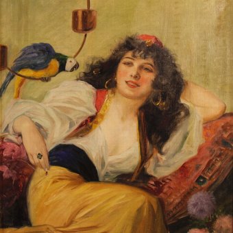 Antique Hungarian oil painting on canvas portrait of woman with parrot