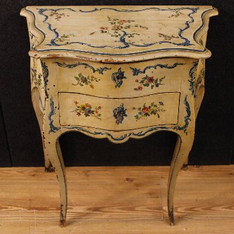 Antique French lacquered and painted side table with floral decorations