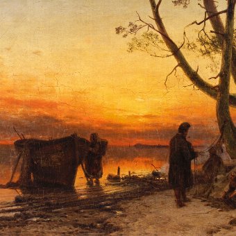 Antique Antique Flemish landscape painting from 19th-century