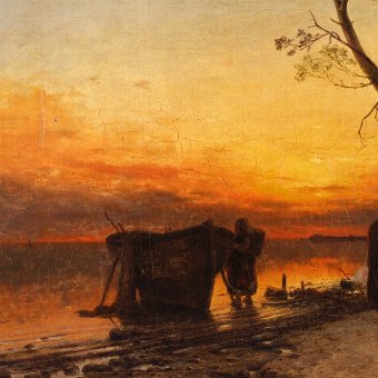 Antique Antique Flemish landscape painting from 19th-century