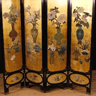 Antique French lacquered and golden chinoiserie screen
