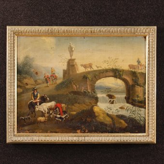 Antique Italian painting landscape with characters of the 18th century